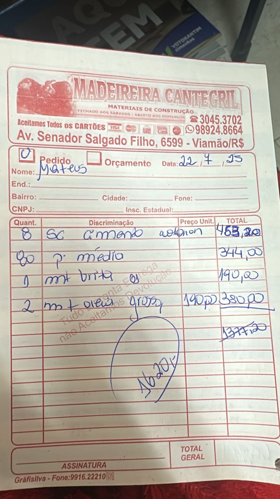 Nota de valor dos materiais
